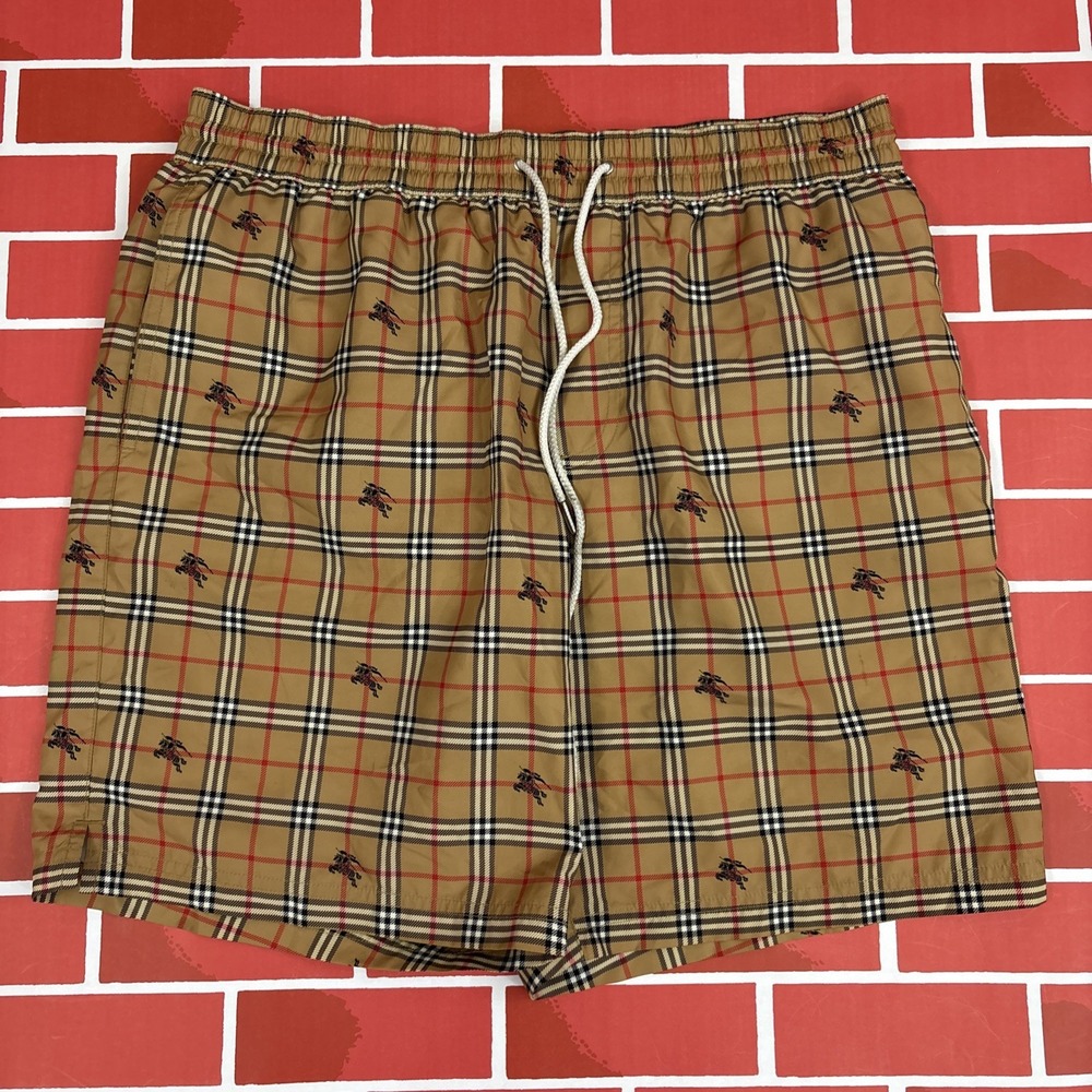 Burberry Swim Trunks Mens M Beige Check Plaid Drawstring Mesh Lined Shorts